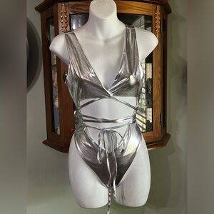 New Petal Dew Metallic Silver Wrap Around Shiny One Piece Swim Suit Size Medium